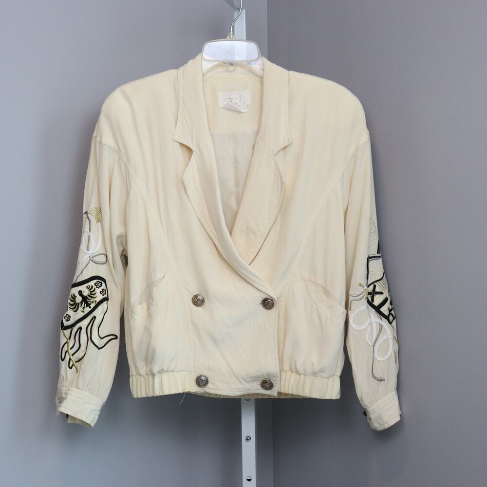 Vintage Caché 100% Silk Jacket Embroidered Sleeves Cream Double Breasted M